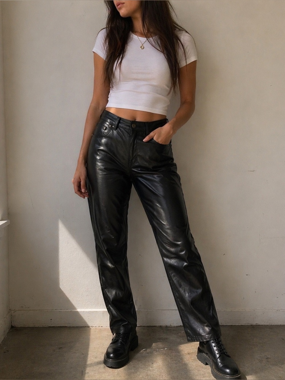 Vintage Black Leather High Waist Pants 90s Tapered Biker Rocker